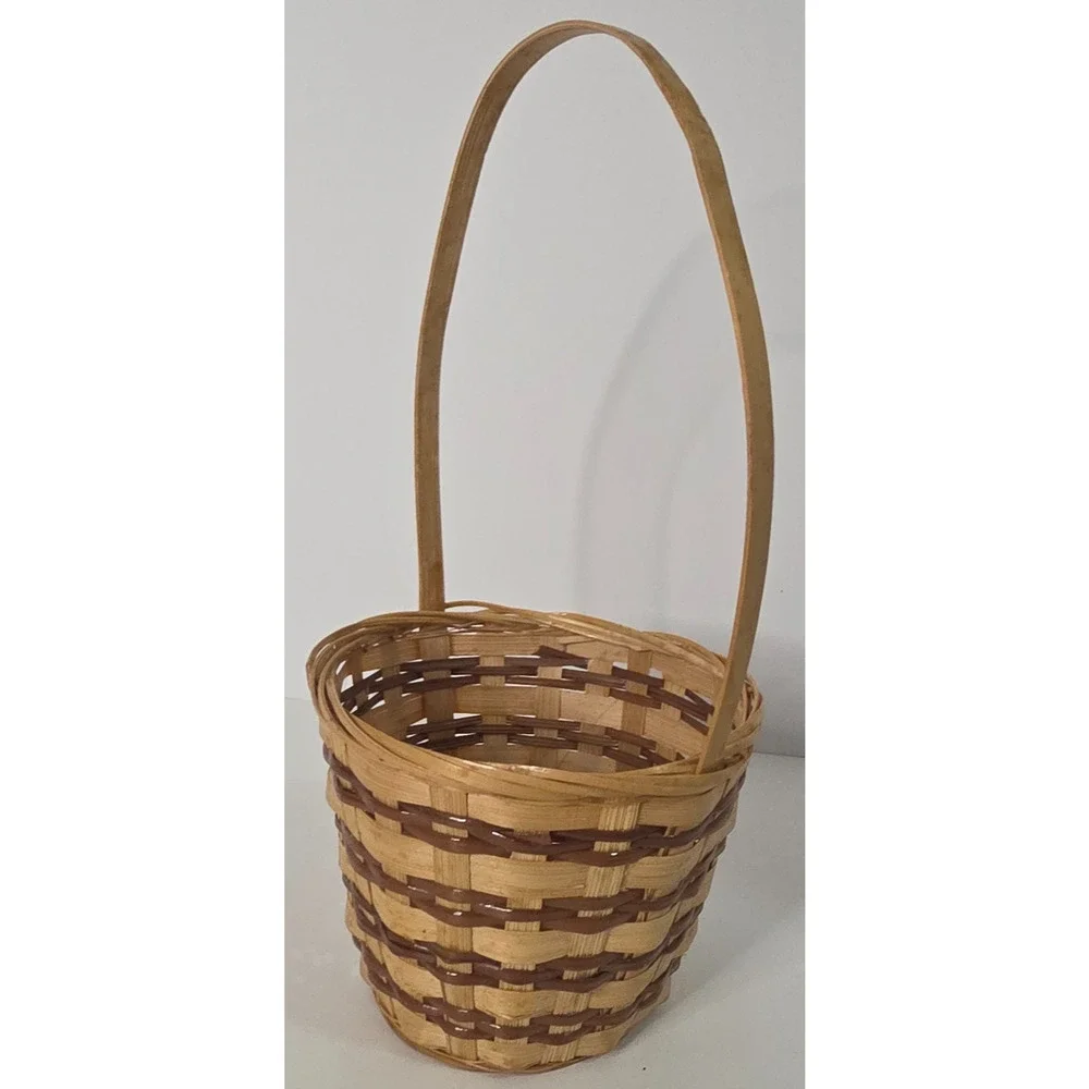 Small Two Tone Woven Wicker Basket Tall Handle Easter Gift Decor 5 Inch